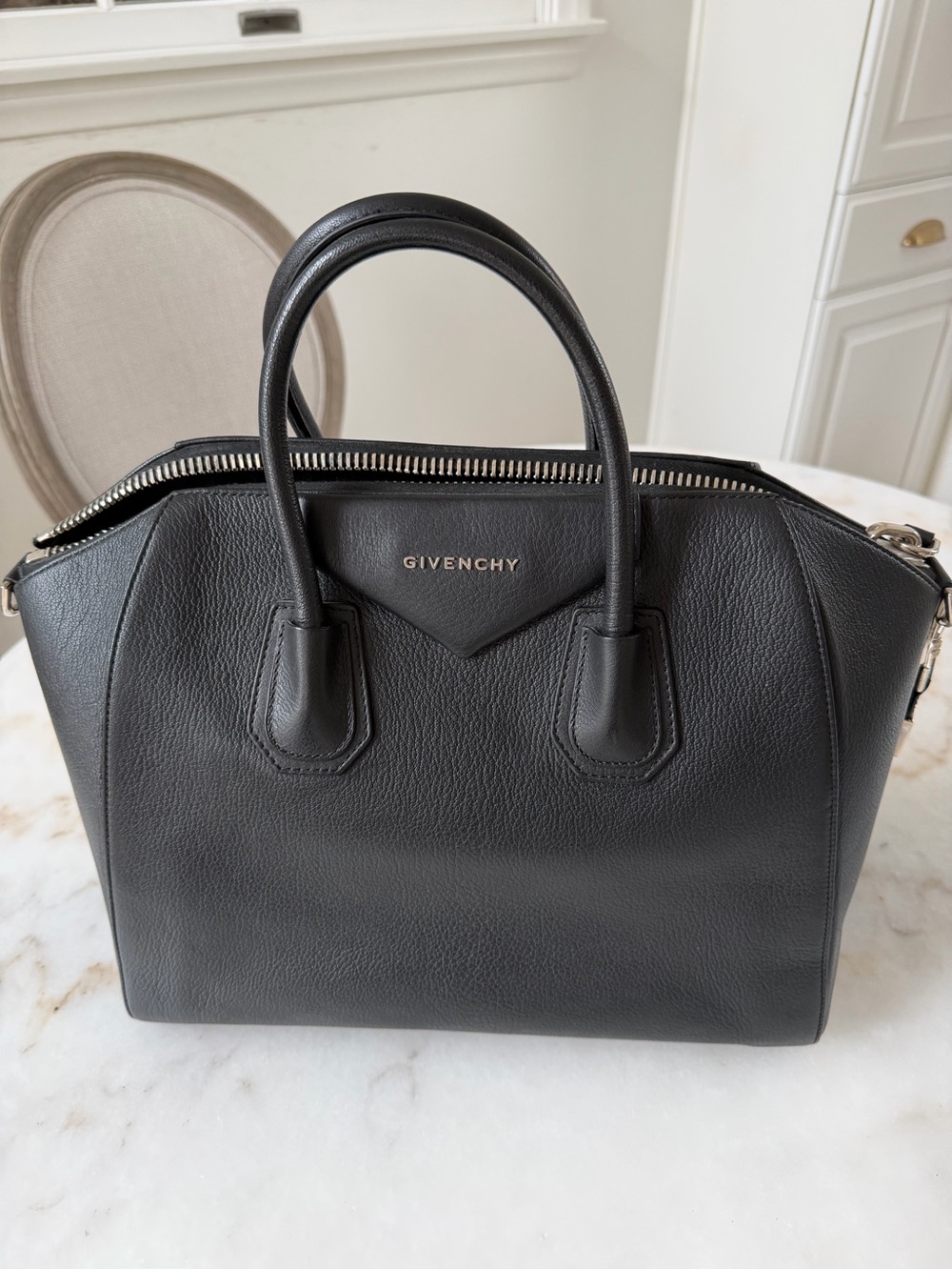 Givenchy Medium Antigona Black Leather Satchel with Top Handles and Strap